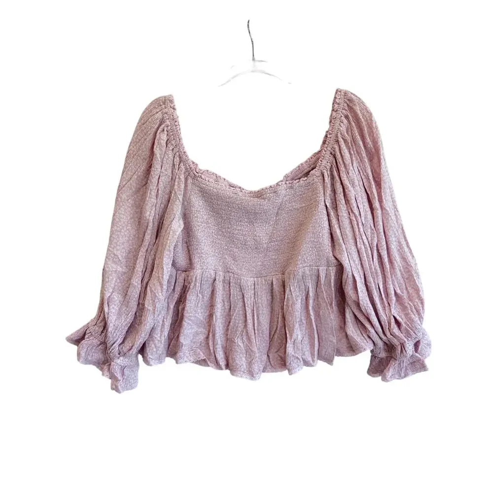 Free People Pink Smocked Peasant Top XL Puff Sleeve Crop Boho Cottagecore